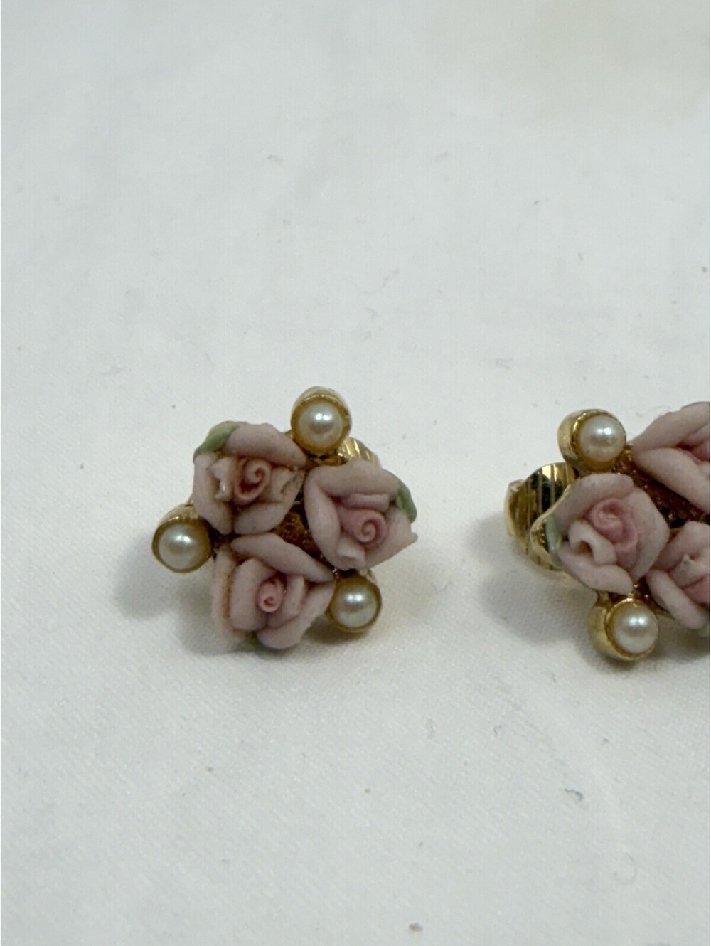 Vintage 1928 Jewelry Gold-Tone Pink Porcelain Rose & Faux Pearl Bouquet Earrings